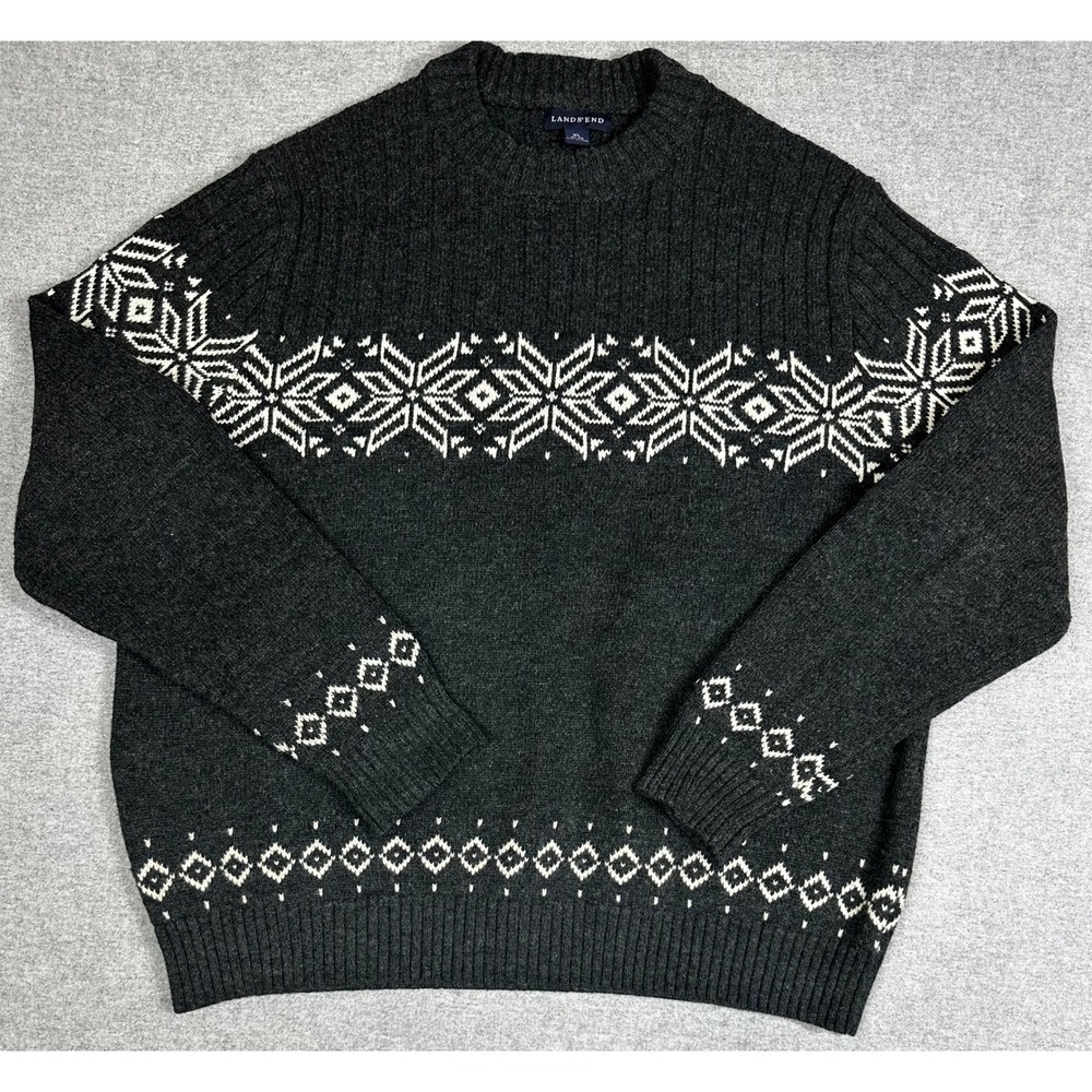 Lands End Sweater Mens XL‎ Charcoal Fair Isle Snowflake Wool Blend Ski Winter